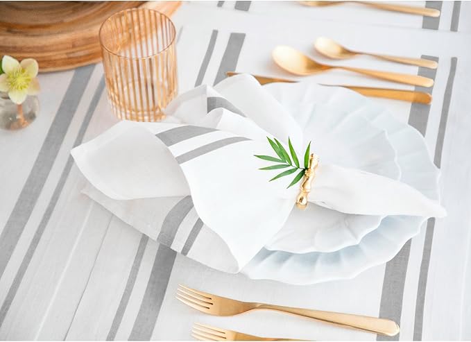 Solino Home Linen Dinner Napkins 20 x 20 Inch - 100% Pure Linen French Stripe Grey and White Napkins Set of 4 for Spring, Summer