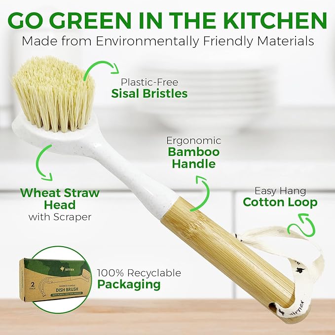 AIRNEX Bamboo Dish Brush Set - 3 Pack Sisal & Coconut Medium and Hard Bristles & 2 Pack Dish Brushes with Handle - Non-Scratch, Odor-Free, Quick-Drying Kitchen Scrubbers for Dishes, Pans, Pots & Sink
