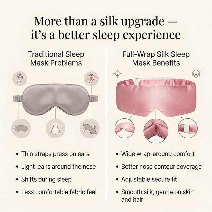 Mulberry Silk Sleep Mask for Women, 100% Blackout Eye Mask for Sleeping, Full Wrap Eye Cover with Adjustable Fit, Soft on Skin and Hair, 22 Momme Pink