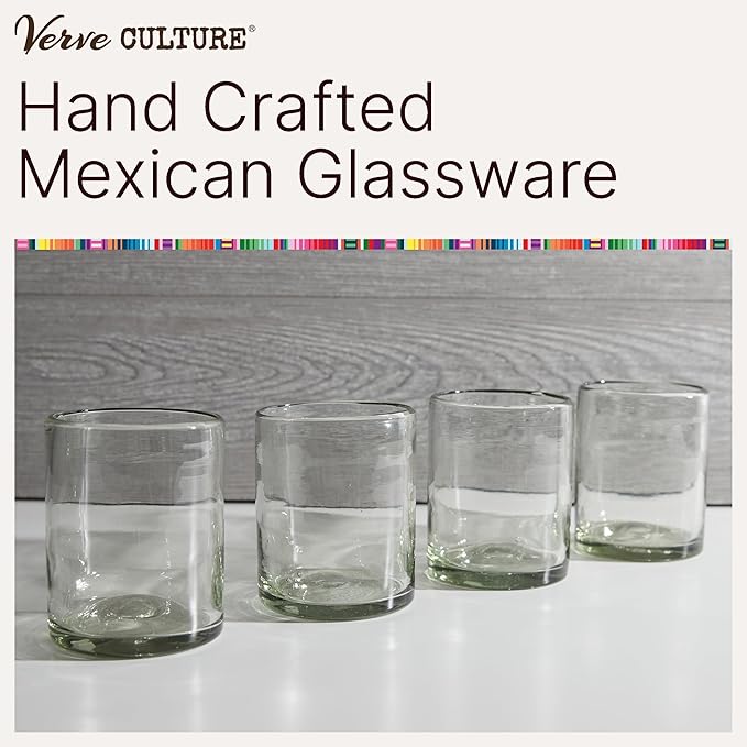 Verve CULTURE Mexican Highball Drinking Glasses, Unique Handblown Glassware, Glass Cups for Cocktails, Juice, Mixed Drinks, Elegant Tabletop Drinkware, Set of 4 (Clear, 13 oz)