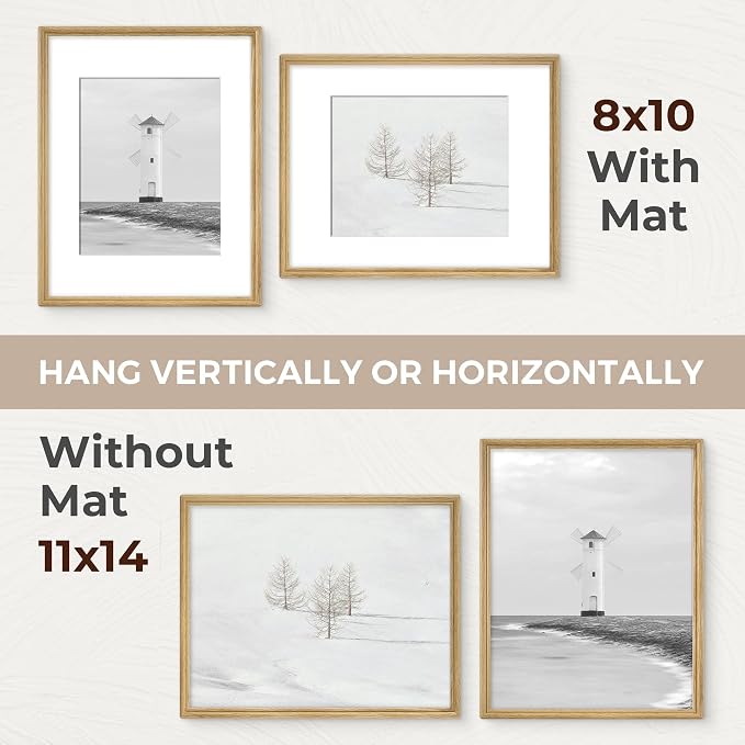 11x14 Picture Frame with Mat for 8x10, USA-Sourced Oak Wood Handcrafted Rounded Corner with HD Tempered Glass, 11 x 14 Photo Frames Gallery Wall & Tabletop, Vertically or Horizontally, 2 Pack