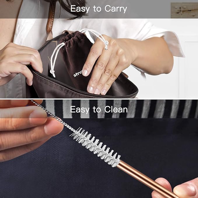 StrawExpert Set of 16 Reusable Stainless Steel Straws with Travel Case Cleaning Brush Silicone Tips Eco Friendly Extra Long Metal Straws Drinking for 20 24 30 oz Tumbler, Rose Gold