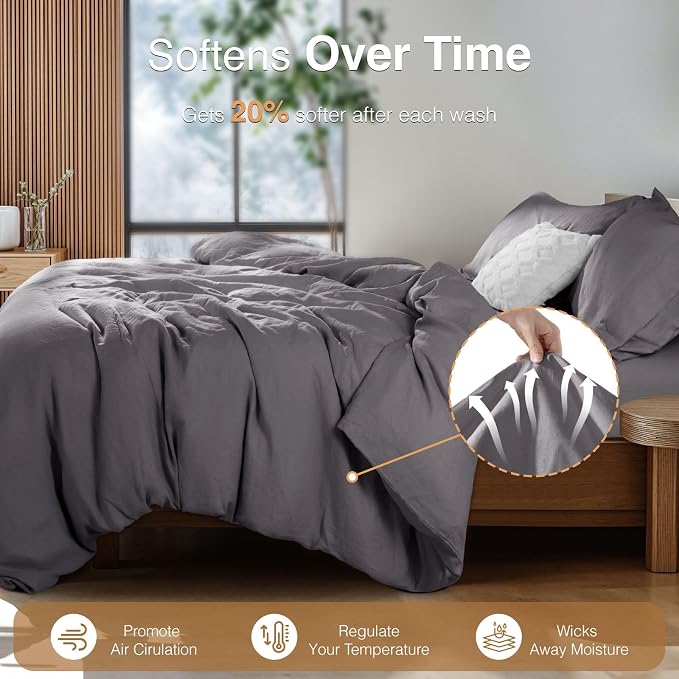 SONORO KATE 100% French Linen Duvet Cover Full Size, Soft Breathable for Hot Sleepers, Moisture Wicking & Durable Cover Set - Zipper Closure & 4 Corner Ties Duvet Covers 3 Piece (Dark Grey,Full)