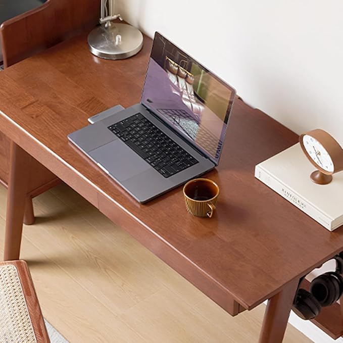 YESWOOD 100% Solid Rubber Wood Desk, Mid Century Modern Writing Computer Desk in Walnut Finish with Drawer for Home Office, Sturdy Room, Bedroom 39.37" W Teak