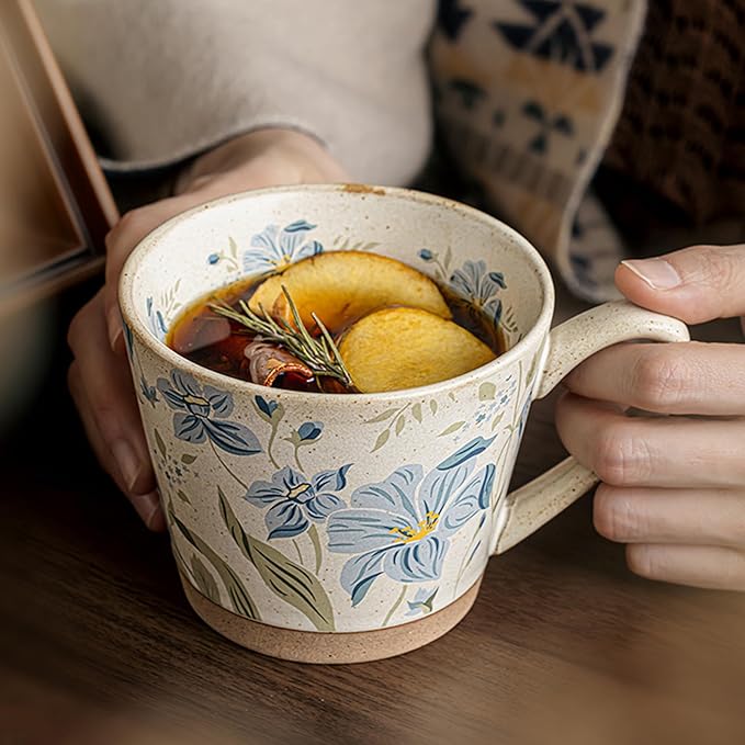 15oz Vintage Floral Ceramic Coffee Mug, Hand-Painted Lead-Free Tea Cup with Comfort Handle, Microwave & Dishwasher Safe for Home Office & Gift for Women (Light Blue Floral, 15, ounces)