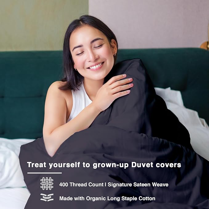 Fabdreams GOTS Certified 100% Organic Cotton Duvet Cover Queen Size - 400 TC Sateen - Soft - Silky - Button Closure - Edge Ties - 1 Duvet Cover (90"x92")+2 Pillow Shams (20"x26") - Dark Grey