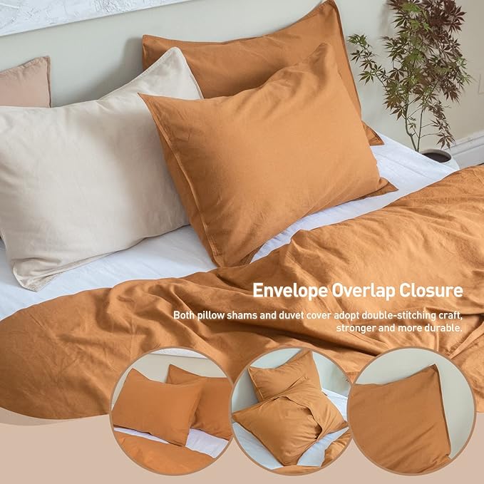 BISELINA French Linen Duvet Cover Set 3pcs with Hidden Zipper Closure Natural Flax Cotton Blend Solid Color Soft Breathable Luxury Farmhouse Bedding -King Size, Rust