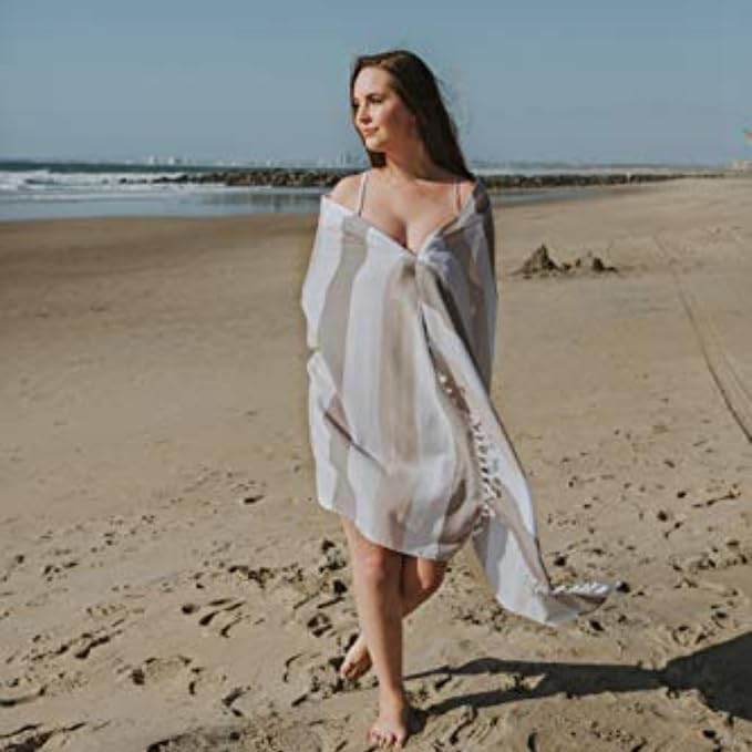 InfuseZen Terry Cloth Lined Turkish Bath & Beach Towel – Striped Design - 100% Organic Turkish Cotton - Soft, Lightweight, Absorbent Peshtemal - Quick Dry for Beach, Bath, Throw, Travel - Brown/Beige