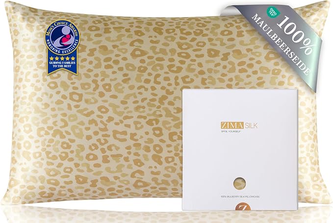 ZIMASILK 100% Pure Mulberry Silk Pillow Cases for Hair and Skin, Soft, Hypoallergenic & Smooth, Both Sides Grade 6A Silk, with Hidden Zipper, Gift for Women Men, 1pc (Queen 20"x30", Yellow Leopard)
