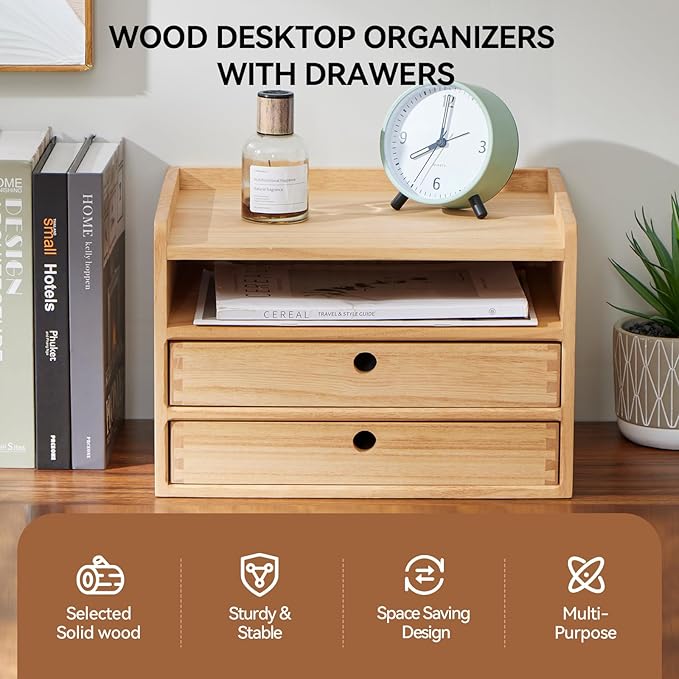 KIRIGEN Desktop Organizer Cabinet with 2 Drawers and Tray, Wood Office Desk Storage Shelf, 3-Tier Countertop Organizer for Papers, Supplies, Cosmetics, Kitchen Accessories Natural（DT3D2C-NA）