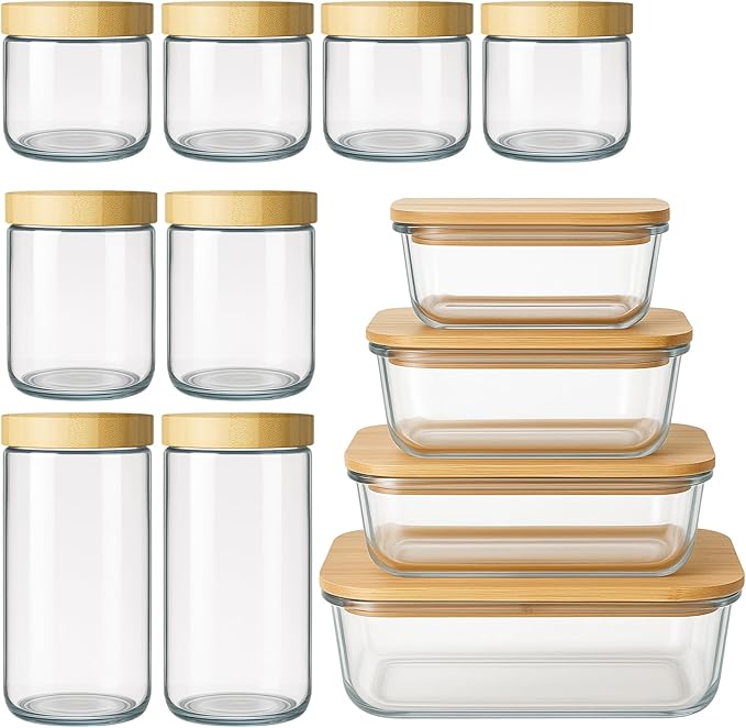 Suclain 12 Pcs Airtight Glass Food Storage Containers with Bamboo Lids Set Including 4 Pieces Meal Prep Glass Containers Lunch Bento Boxes and 8 Pieces Overnight Oats Jars Snack Storage Salad Jars