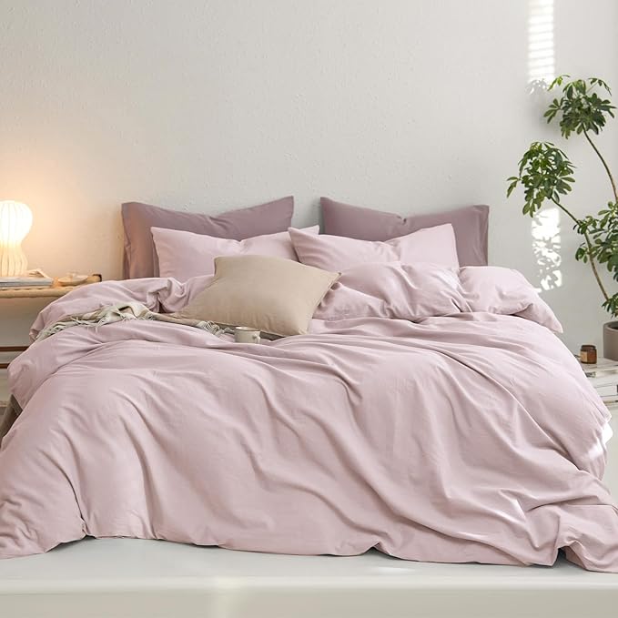 MooMee Queen Duvet Cover Set, 100% Washed Cotton Linen Like Twill Thick Sturdy Material Super Soft Breathable Durable Bedding for All Season, 3 Pieces (Greyish Pink, Queen 90"x90")