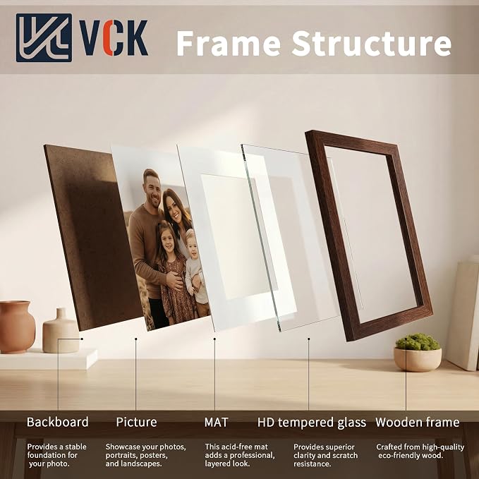 VCK 16x20 Picture Frames Brown - 3 Pack, Wide Border Wood, Tempered Glass, Display 12x16 Photo with Mat or 16 x 20 Without, for Home, Office, Gallery, Woodgrain Series, Wall Hanging
