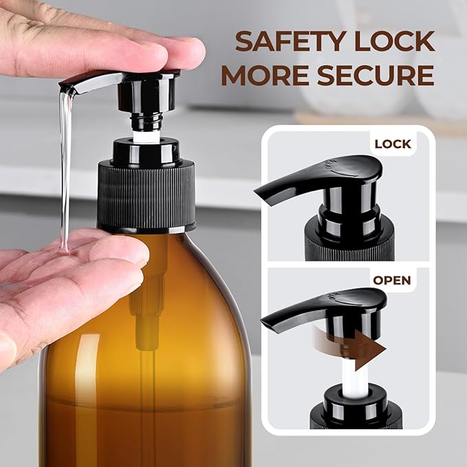 16 oz Amber Glass Soap Dispenser with Pump, Glass Pump Bottle for Lotion Body Oil, 500ml Hand and Dish Soap Dispensers Set with Storage Caps, Labels - 2 Pack