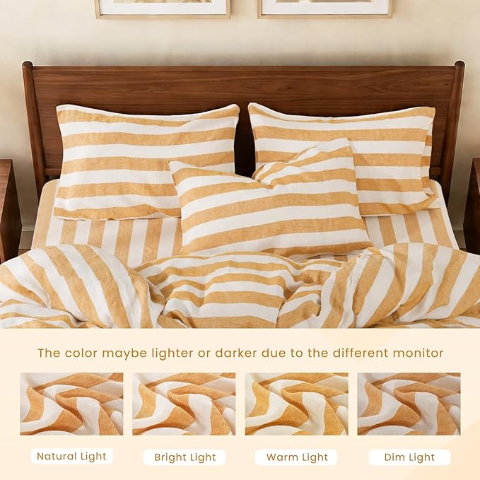 S VICTORY SYMBOL 100% Organic Linen Duvet Cover Set,Yellow Stripe Yarn Dyed Pattern Farmhouse Bedding Set,French Natural Flax Comforter Cover Set Full Size 3Pcs