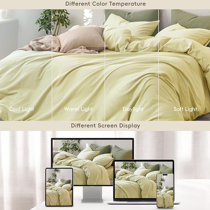 MooMee King Duvet Cover Set, 100% Washed Cotton Linen Like Twill Thick Sturdy Material Super Soft Breathable Durable Bedding for All Season, 3 Pieces (Pale Yellow, King 104"x90")