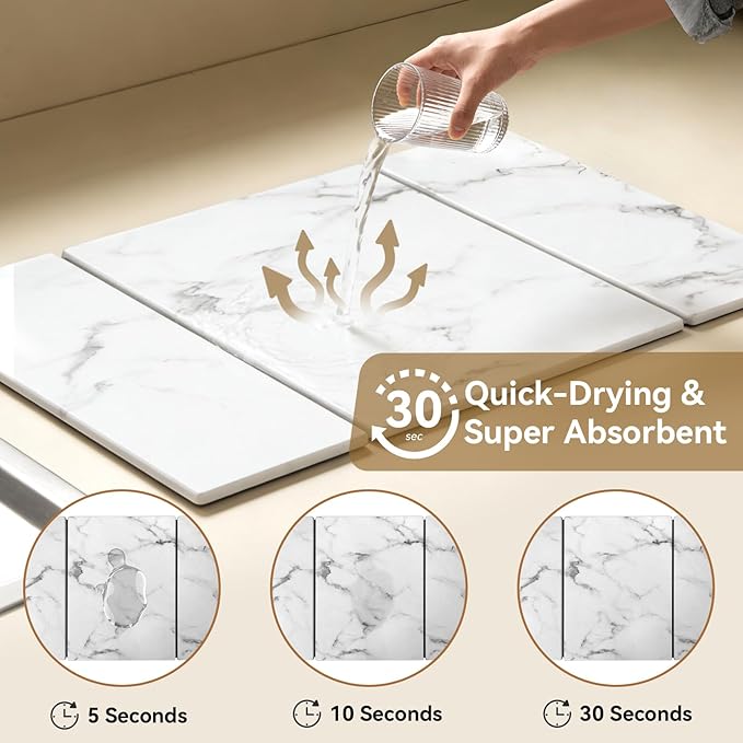 Large Stone Drying Mat for Kitchen Counter, Foldable Quick Dry Dish Drying Mat, 24"x16" Water Absorbent Diatomaceous Earth Mats for Bottles Cups Dishes, Modern Kitchen Essentials (White)