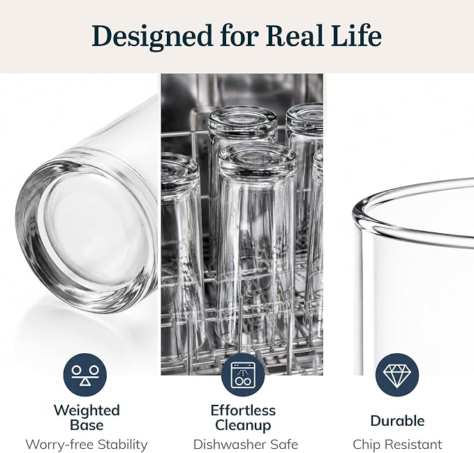 Libbey Heavy Base Drinking Glasses Set of 8, 15.5 Oz Elegant, Weighted Clear Water Glasses, Dishwasher Safe Glass Cups Set for Parties, Birthdays