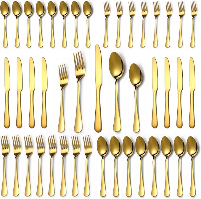40 Pcs Gold Silverware Set for 8, Food Grade Stainless Steel Flatware Set, Eating Utensils Sets Include Fork/Knife/Spoon, Reusable Cutlery Set for Home Kitchen, Dishwasher Safe, Round Edge