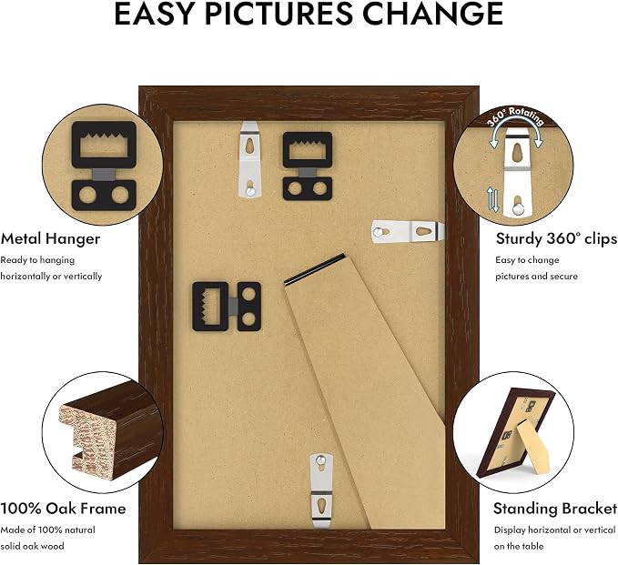 Hongkee 4x6 Oak Wood Picture Frame, Display Photos 3.5 x 5 with Mat or 4 x 6 without Mat - Tempered Glass Cover, Horizontal and Vertical Display for Wall or Tabletop (Walnut, Set of 1)