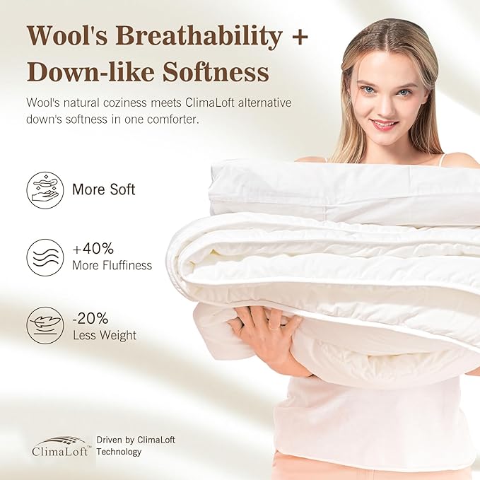 Hybrid Australian Wool Comforter Twin Size with 100% Organic Cotton, Hypoallergenic Luxury Duvet Insert with Tabs, Temperature Regulating All-Season Bedding, White