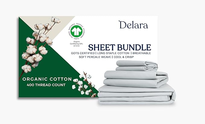 GOTS Certified 100% Organic Cotton Percale 400TC Bedding Bundle, Ultra Soft Silky, Moisture-Wicking, Smooth & Breathable, (Light Blue, Queen - 7 Piece with Sheet Set)