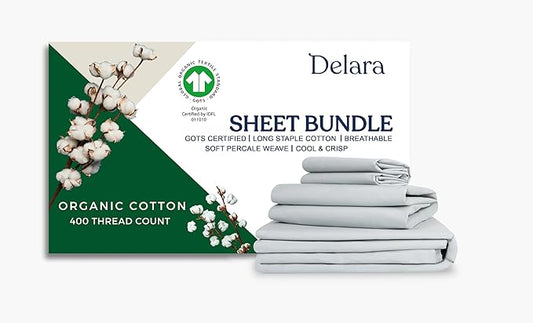 GOTS Certified 100% Organic Cotton Percale 400TC Bedding Bundle, Ultra Soft Silky, Moisture-Wicking, Smooth & Breathable, (Light Blue, Queen - 7 Piece with Sheet Set)