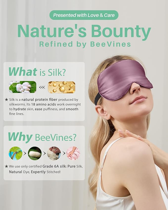 BeeVines Sleep Mask, 4 Packs 100% Real Natural Pure Silk Eye Masks with Adjustable Strap for Sleeping, Mulberry Silk Eye Sleep Shade Cover, Block Light Reduces Puffy Eyes Traveling Gifts(Ruby Purple)