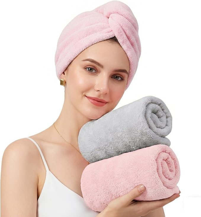 Mandydov 100% Cotton Hair Towel Wrap for Women, 2 Pack Thickened & Super Absorbent Turbans, Anti Frizz Quick Dry Hair Towels (Pink, Gray)