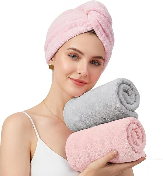 Mandydov 100% Cotton Hair Towel Wrap for Women, 2 Pack Thickened & Super Absorbent Turbans, Anti Frizz Quick Dry Hair Towels (Pink, Gray)