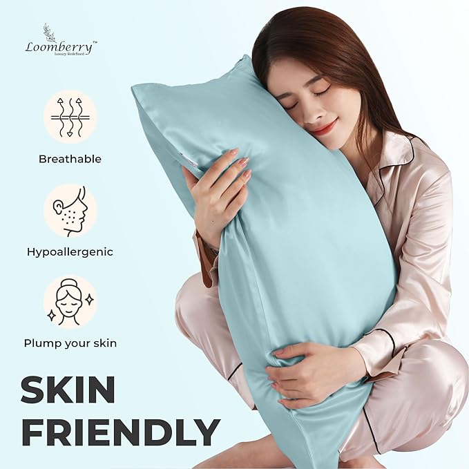 100% Pure Mulberry Silk Pillowcase for Hair and Skin, 6A Grade 22 Momme Silk Pillow Cases with Zipper, Soft Cooling Washable Both Sided Silk Pillow Cover (Aqua Blue, Queen 20''x30'')