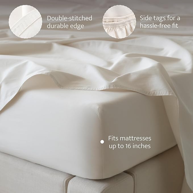 Double Stitch 100% Organic Cotton Sheets, Queen Sheet Set, GOTS Certified Long Staple Cotton Bedsheets, Luxury & Soft Hotel Bed Sheets with 16 inches Deep Pocket, Made in India Coconut Milk