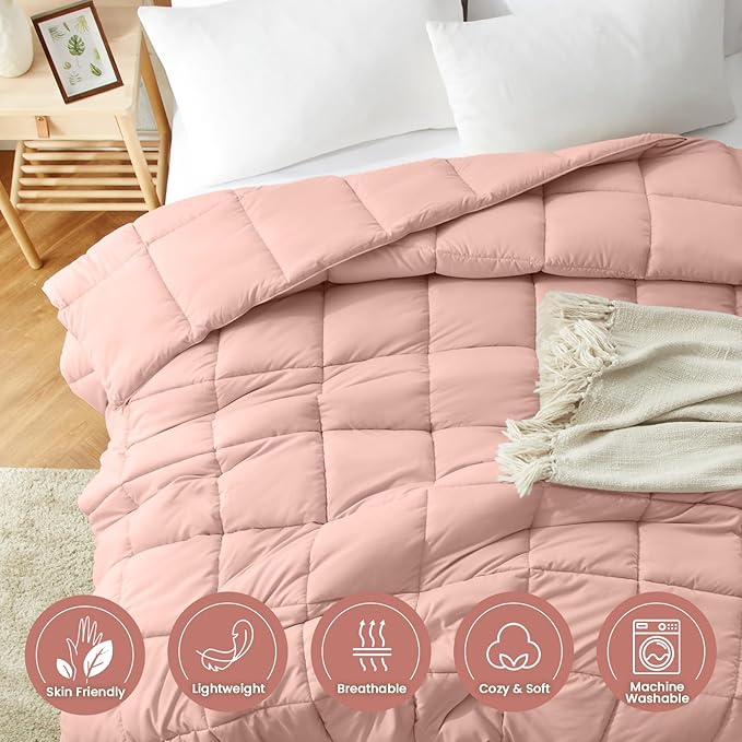 Homelike Moment Twin Comforter Duvet Insert - Pink Down Alternative Bed Comforter Twin Size, Lightweight Bedding Comforters Quilted All Season All Season Solid Pink