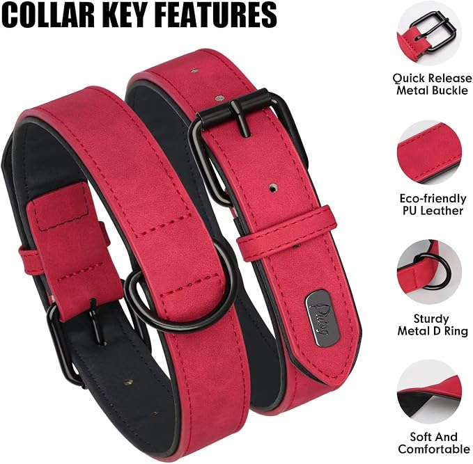 Didog Soft Padded PU Leather Dog Collar, Breathable and Adjustable Red Dog Collar for Large Dogs, Comfortable for Daily Walk,Red XL Fit Neck 18-22"(45-71 lbs)