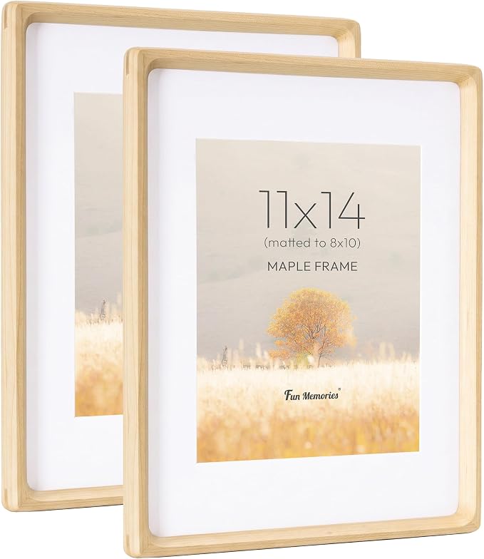 11x14 Picture Frame, USA-Sourced Maple Wood Photo Frame with HD Tempered Glass, Handcrafted Rounded Corner 11 x 14 Wooden Frames Matted to 8x10 Photos, Horizontal or Vertical Wall Display, 2 Pack