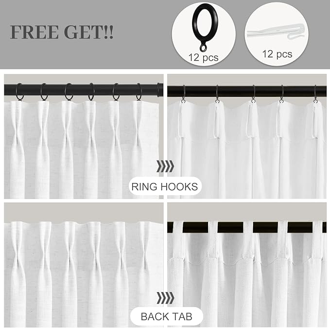 Pinch Pleated Linen Curtains Extra Wide 70 x 96 Inches Long for Living Room, Snow White Semi Sheer Curtain Rustic Light Filtering Window Drapes Memory Trained Ceiling Curtain with Hooks, 1 Panel