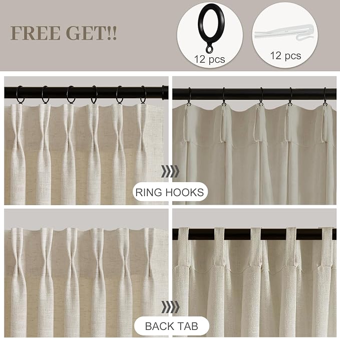Pinch Pleated Linen Curtains Extra Wide 70 x 96 Inches Long for Living Room, Burlywood Birch Sheer Curtain Rustic Light Filtering Window Drapes Memory Trained Ceiling Curtain with Hooks, 1 Panel