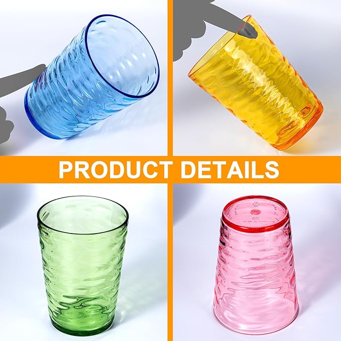 14-ounce and 20-ounce Plastic Tumblers, Acrylic Drinking Glasses, set of 8 Multicolor Reusable Plastic Cups, Stackable, BPA-Free, Shatter-Proof, Dishwasher-Safe