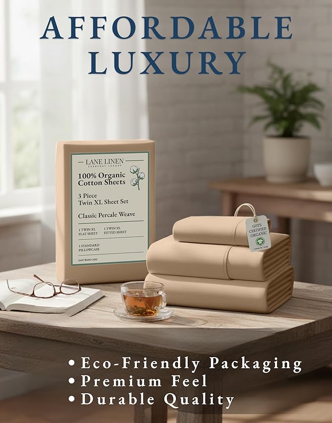 LANE LINEN 100% Organic Cotton Twin XL Sheets Set, Fully Elasticized Bed Sheets Set Twin XL Size Perfetct for Hospital beds, Deep Pocket Soft & Comfy Sheets Set Twin XL Size-Taupe