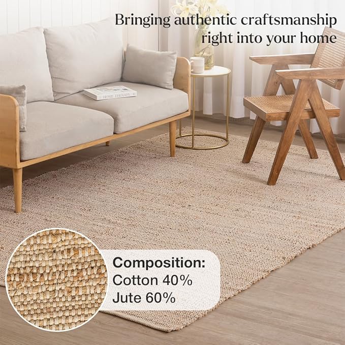 HOMEMONDE Hand Woven Jute Cotton Area Rug 6' x 9' ft Rectangle Natural Farmhouse Rug - Rustic Vintage Boho Decor Rug for Living Room, Bedroom, Dining Room