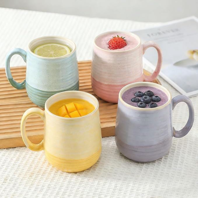 HASENSE Coffee Mugs Set of 4, 15 oz Large Ceramic Cups with Handle for Women Men, Milk, Soup, Tea Cup Set for Latte,Cappuccino, Microwave & Dishwasher Safe for Home Office（Colorful）