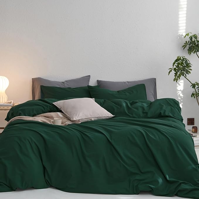 MooMee King Duvet Cover Set, 100% Washed Cotton Linen Like Twill Thick Sturdy Material Super Soft Breathable Durable Bedding for All Season, 3 Pieces (Forest Green, King 104"x90")