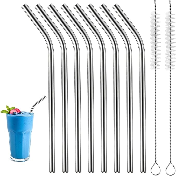 8 Pack 6 Inch Short Metal Straws Stainless Steel Straws Reusable Bent Metal Straw for Cocktails with 2 Cleaning Brush Drinking Straw for Coffee Mugs Small Glasses Cups