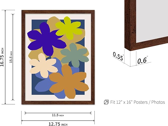 Monem Art Colorful Abstract Floral Shapes Print - Modern Minimalist Flower Art Poster - Wall Decor for Living Room, Bedroom or Office - 12x16 Brown Framed Wall Art by Rs Lab Studio