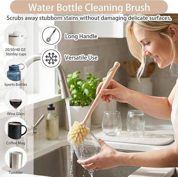 7-Piece Bamboo Dish Brush Set, Natural Kitchen Scrub Brush Kit with Wooden Handle for Pots, Pans, Vegetables, Eco-Friendly Cleaning Tools