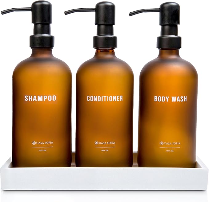 Frosted Amber Glass Shampoo and Conditioner Dispenser Set – Refillable 16 oz Pump Bottles with Concrete Tray – Luxury Bathroom Organization & Modern Shower Soap Dispensers