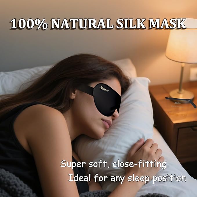 Silk Sleep Mask,100% Natural Eye Masks for Sleep/Women/Men Satin and Lightweight Complete Blackout Sleeping Mask Ergonomic Design for Side Sleeper,Travel,Airplane with Pouch Large(L)