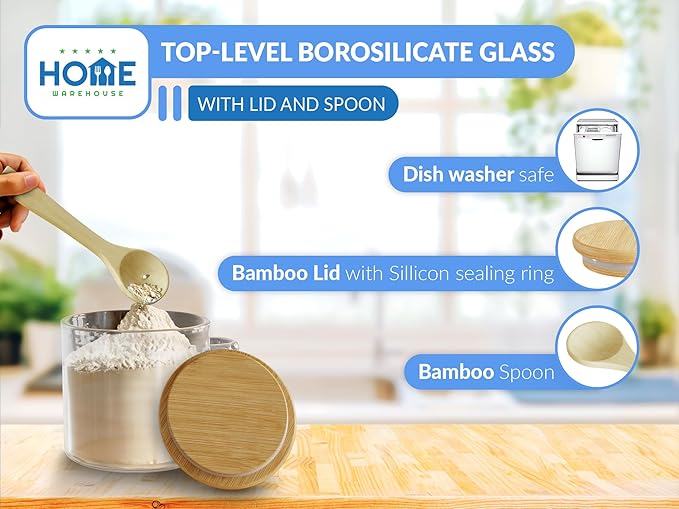 Home Warehouse - Borosilicate Glass Jar Storage with Bamboo Lid and Spoon | Easy to Clean | Premium Kitchen Organization Solutions | 500ml | 17 oz