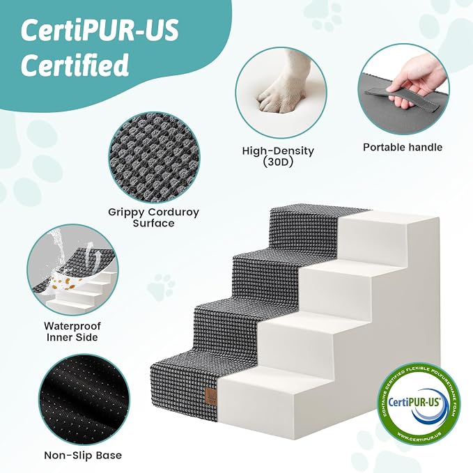 COZY KISS Dog Stairs for Small Dogs 15.7" H, 4-Step Gentle Incline Pet Step for Couch Sofa, Non-Slip Dog Ramp for Puppy Doggie Senior Cats, 15.7x23.6x15.7 Inch, Charcoal Grey