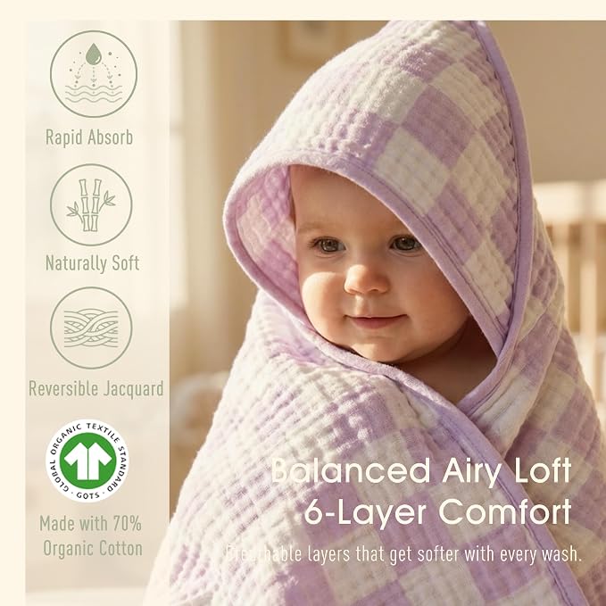 4-Piece Muslin Baby Towel Set - Made with Organic Cotton, (2) 6-Layer Bath Towels 32x32 & (2) Washcloths, Absorbent Bath & Beach, (Lavender)
